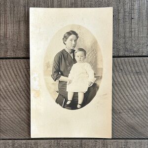 Antique Edwardian Sepia-Toned Photograph Postcard of Woman and Child